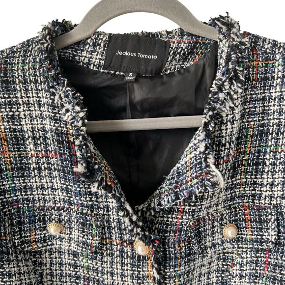 Fringed Plaid Jacket Boucle Women S Blue White Blazer Classic Professor Academia - Picture 2 of 16